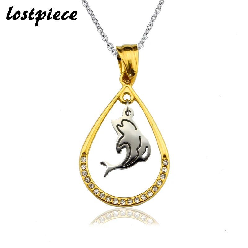 Lostpiece 2017 New Women's Stainless Steel Zircon Animal Dolphin Pendant Necklace Jewelry Wholesale Gold-Silver Tone LYPP048 | Украшения