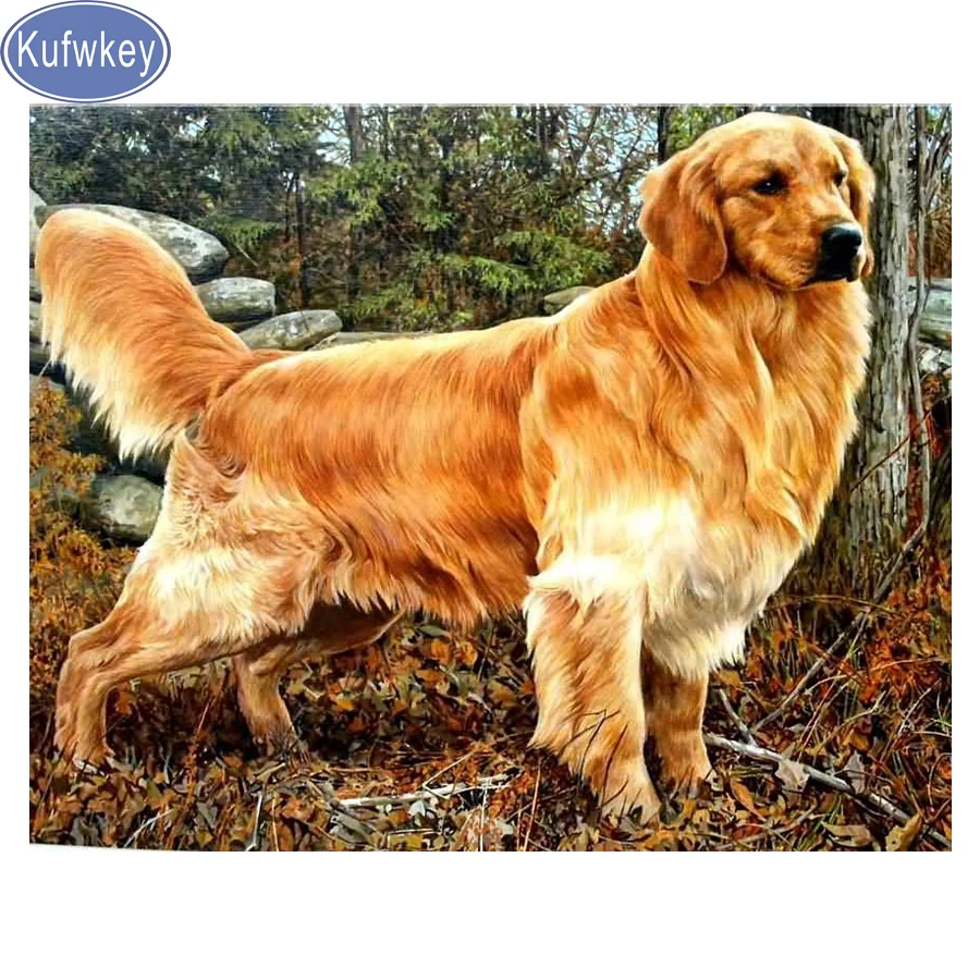 Полноразмерная Алмазная картина Kufwkey Стразы с изображением золотистой собаки