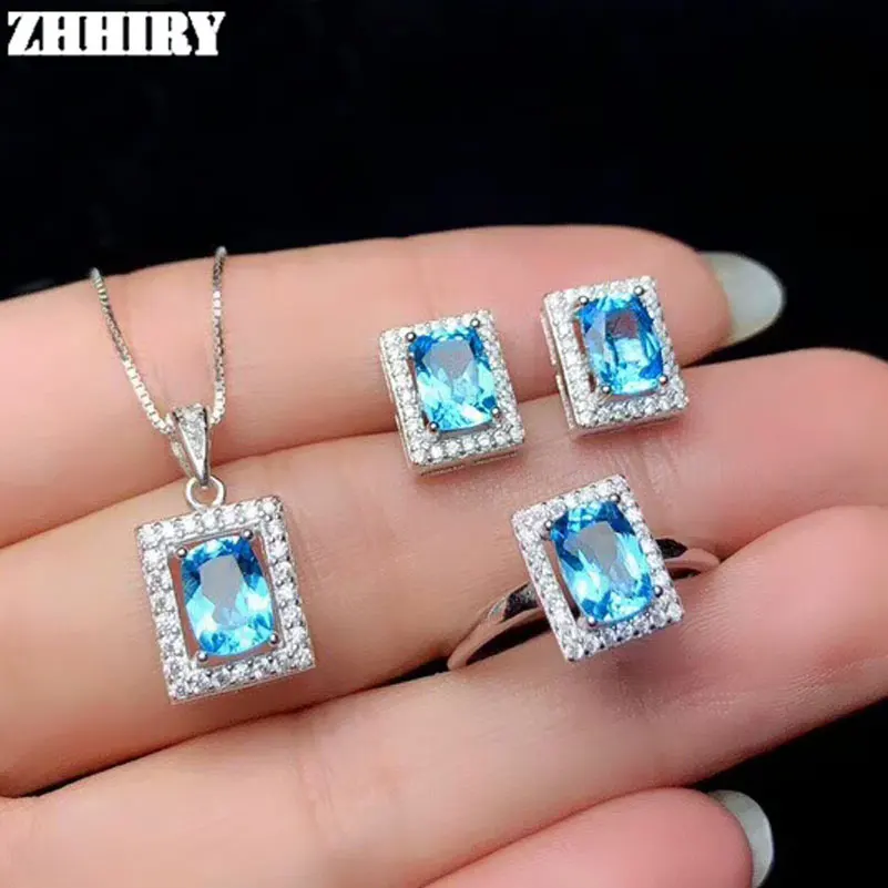 

ZHHIRY Женские Ювелирные наборы с натуральным топазом, кулон из драгоценного камня, ожерелье, серьги, кольцо из настоящего серебра 925 пробы, юве...