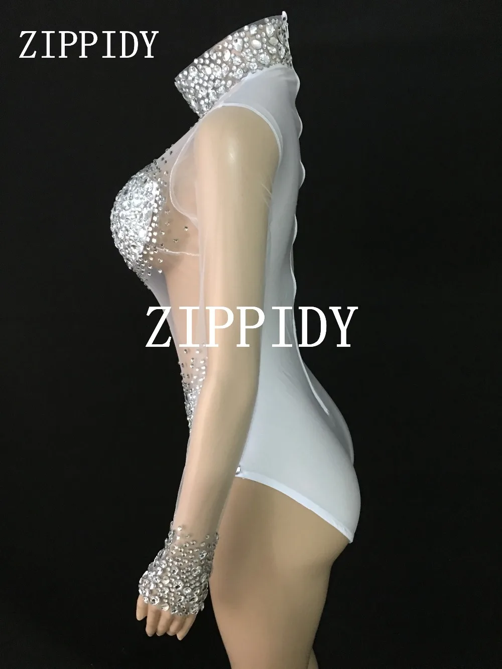 New 6 Colors Rhinestones See Through Bodysuit Big Stones Long Sleeves Sexy Mesh Performance Bodysuit Bar Nightclub Dance Outfit