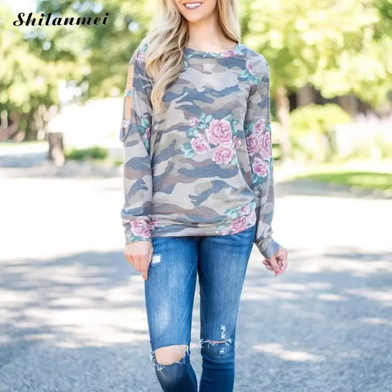 Женская толстовка с длинным рукавом и круглым вырезом камуфляжная облегающая