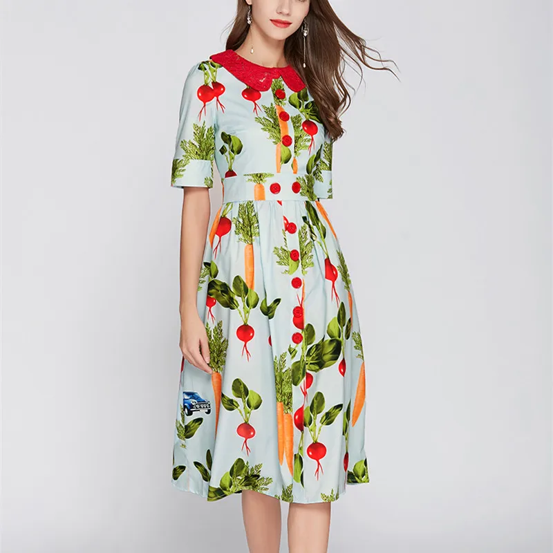 BLLOCUE High Quality Fashion Designer Runway Dress 2020 Summer Women's Short Sleeve Turn-Down Collar Printed Lace | Женская одежда