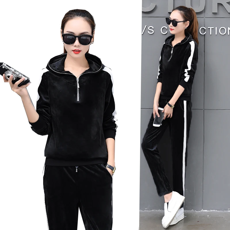 Женский бархатный комплект из 2 предметов повседневный спортивный костюм