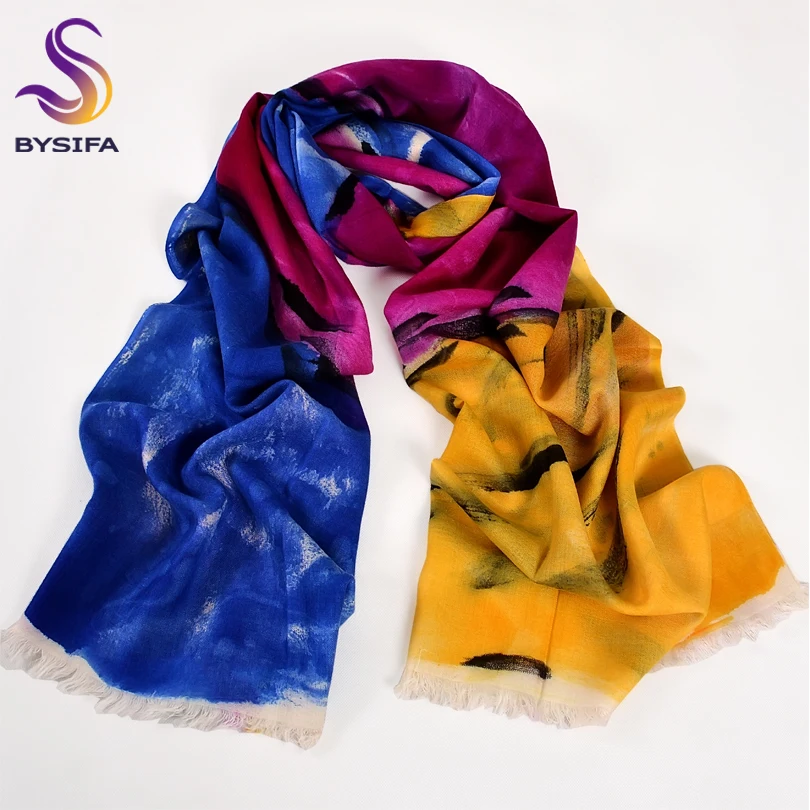 [BYSIFA] Зимние шерстяные шарфы обертывания женские длинные с ручной росписью в