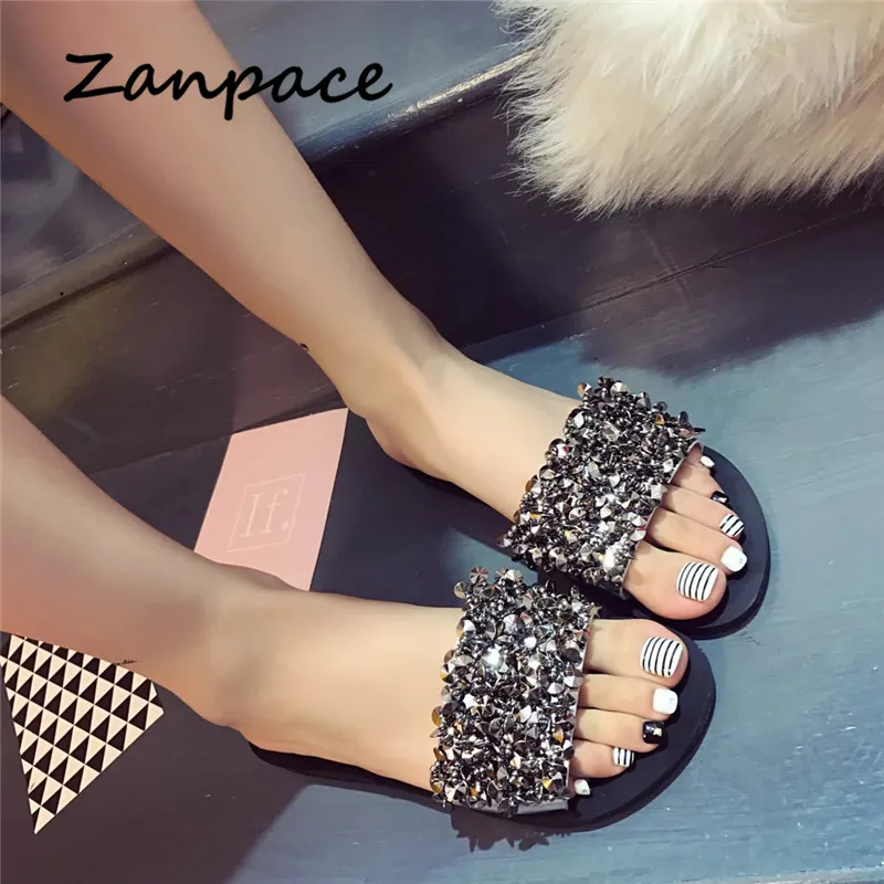 Новые женские тапочки ZANPACE модные летние со стразами плоская подошва
