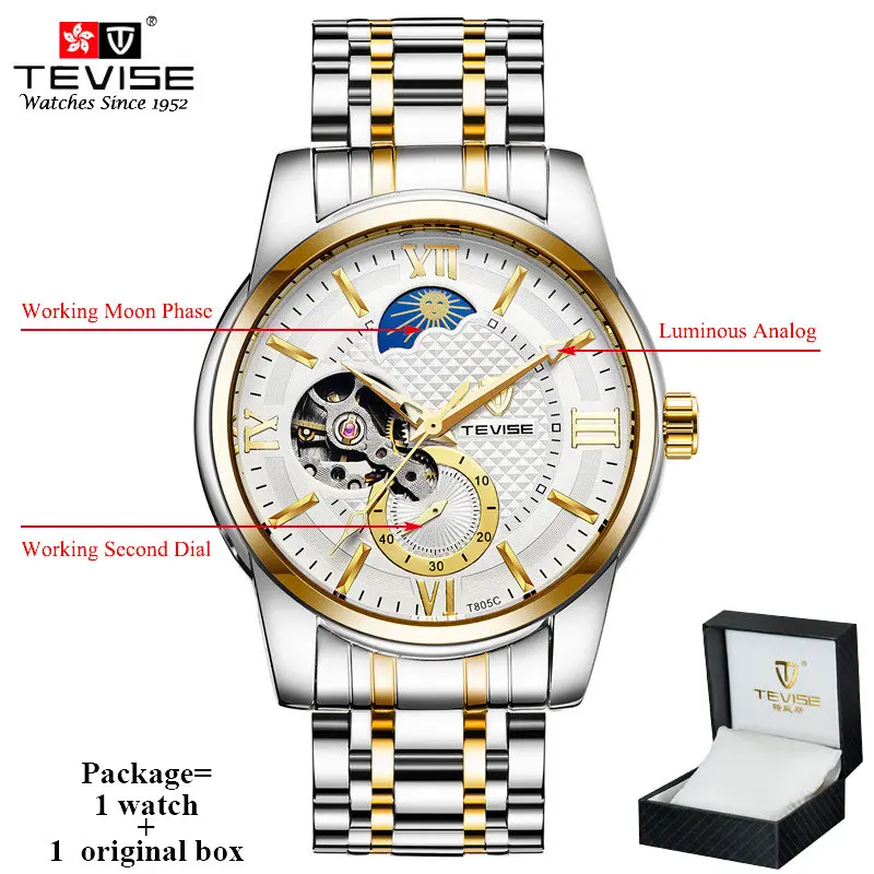 gold white with box TEVISE самовзводные автоматические часы для мужчин механические мужские часы с фазой Луны светящиеся руки деловые наручные часы Relogio Masculino - Цвет: gold white with box