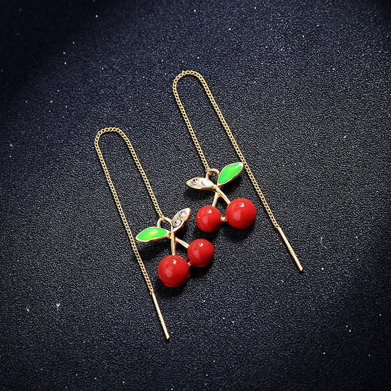 Charm Zircon Sweet Fruit Red Cherry Long Earrings For Women Lovely Ear Line Threader Best Gift Fashion Jewelry | Украшения и