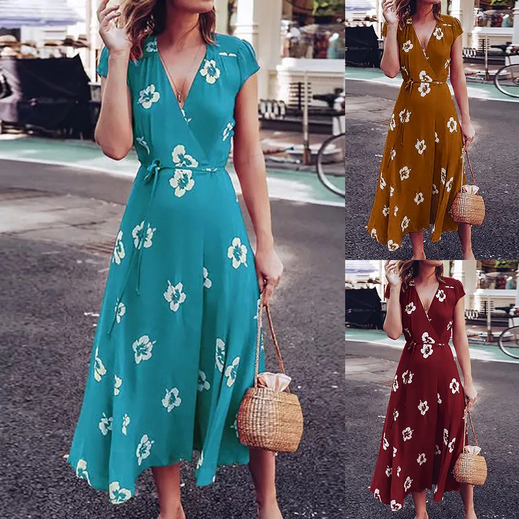 Женское красное платье с цветочным принтом шифоновое коротким рукавом и v