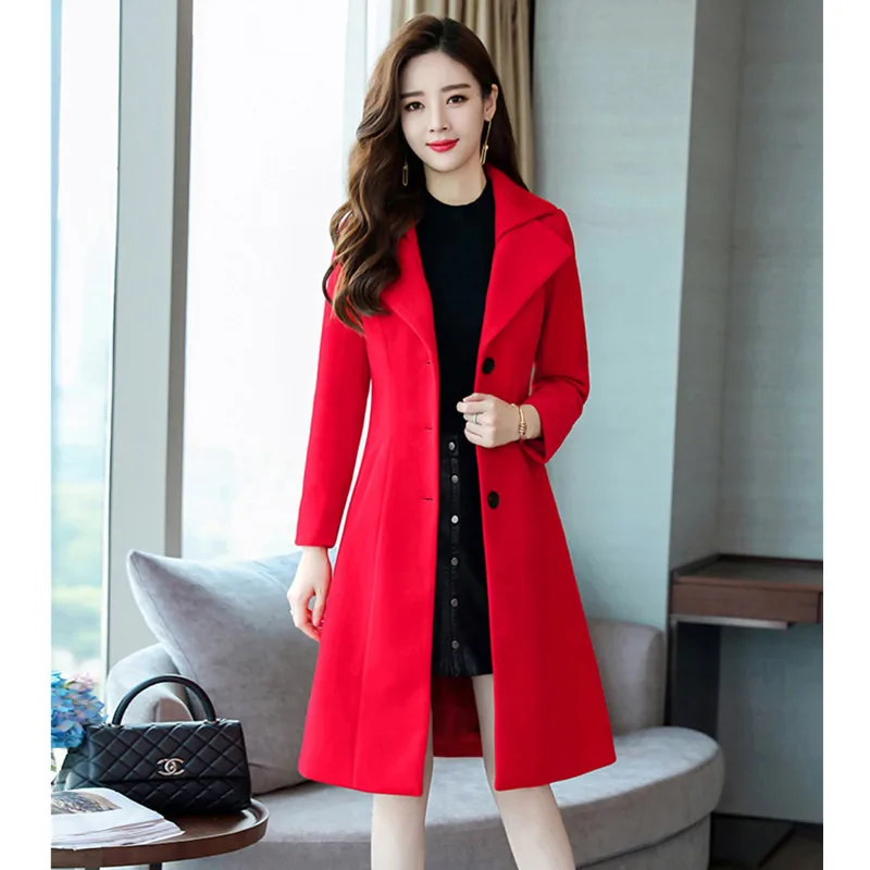 Черное Красное длинное шерстяное пальто женское корейское осенне зимнее новое