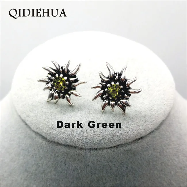 dark green Fashion Brincos New Vintage Silver Edelweiss Stud Earrings For Women Rhinestone Earrings Party Jewelry Earrings Wholesale - Окраска металла: dark green