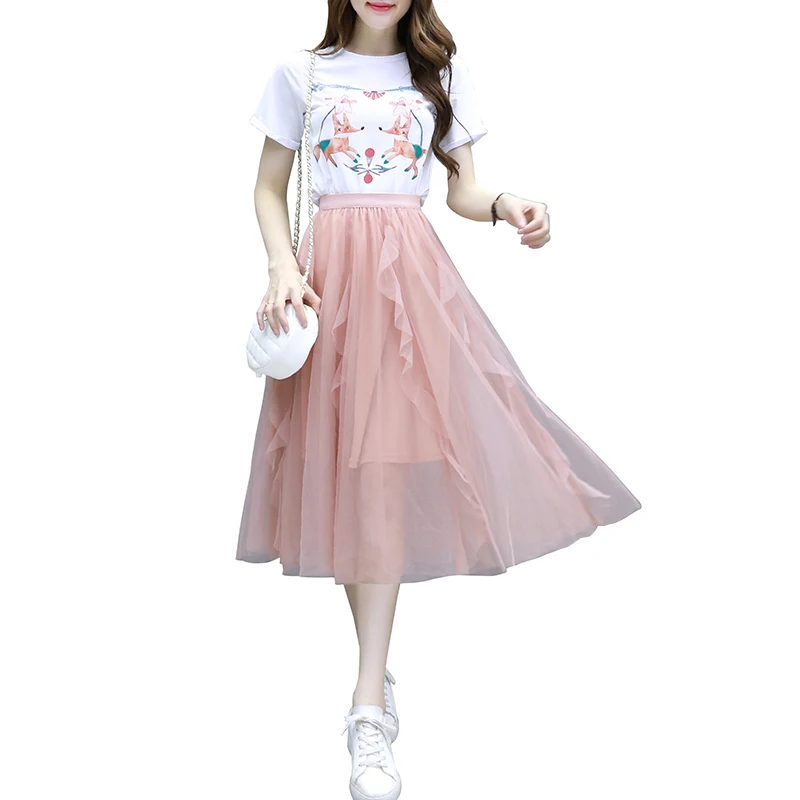 2019 Fashion Women's Clothing Mesh Ruffles O-neck Short Sleeves Printing Two Pieces Summer Sets Female | Женская одежда