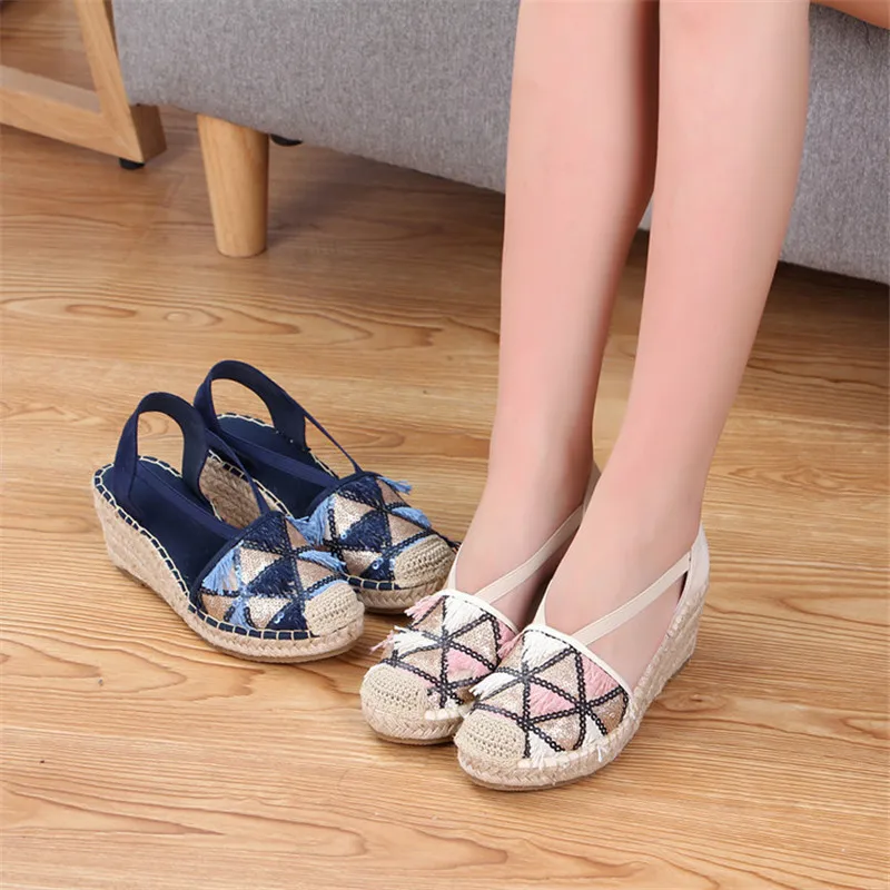 Босоножки женские из льна на платформе с ремешком щиколотке среднем каблуке