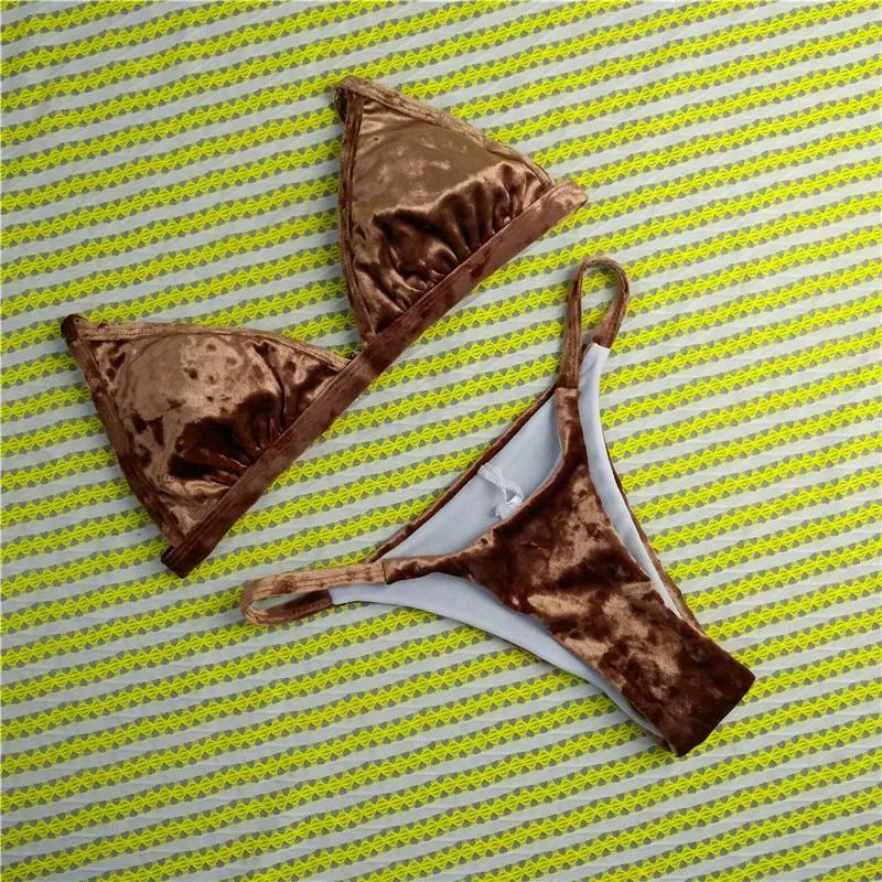 Золотое бархатное бикини 2018 суперсексуальное женский купальник с низкой талией