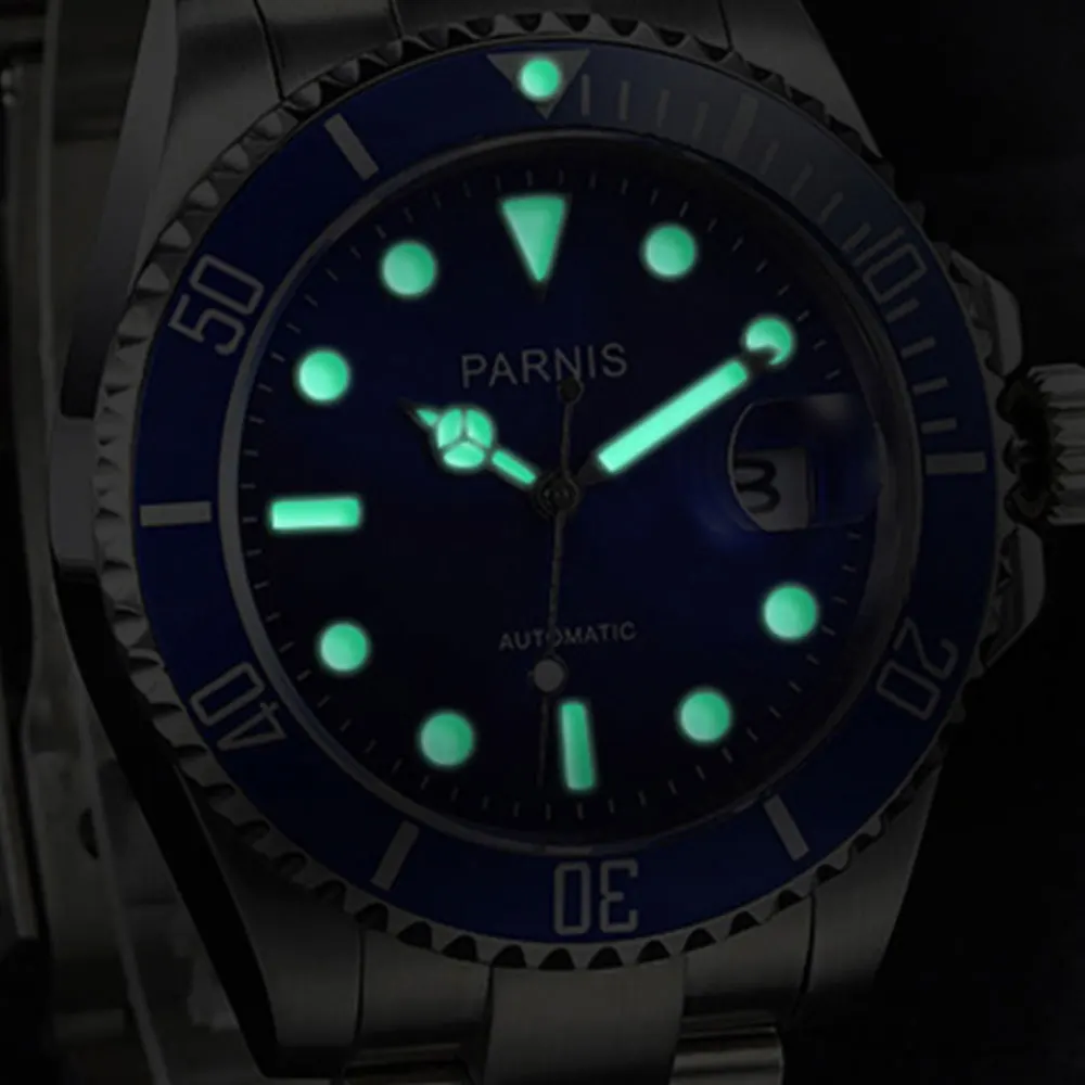 40 мм Parnis черный циферблат люксовый бренд механические часы Стальные светящиеся