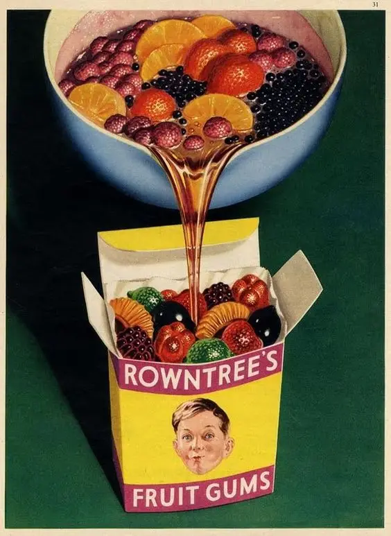 Художественный винтажный рекламный постер Rowntree с фруктовыми деснами еды