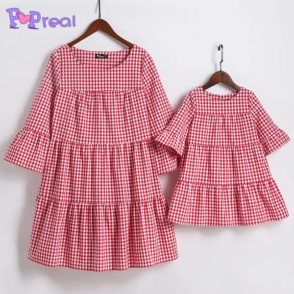PopReal платья для мамы и дочки Plaid Ruffle Sleeve Многоуровневое Одинаковая семейная