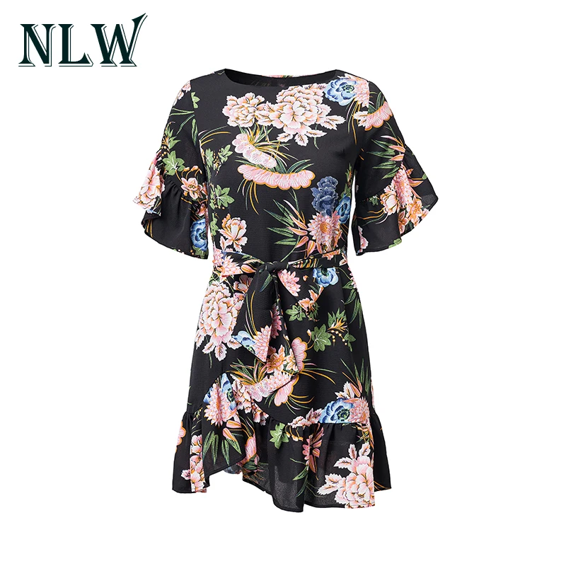 Nlw Цветочный принт Для женщин короткий рукав шифон Мини платья Vestidos 2018 Летняя