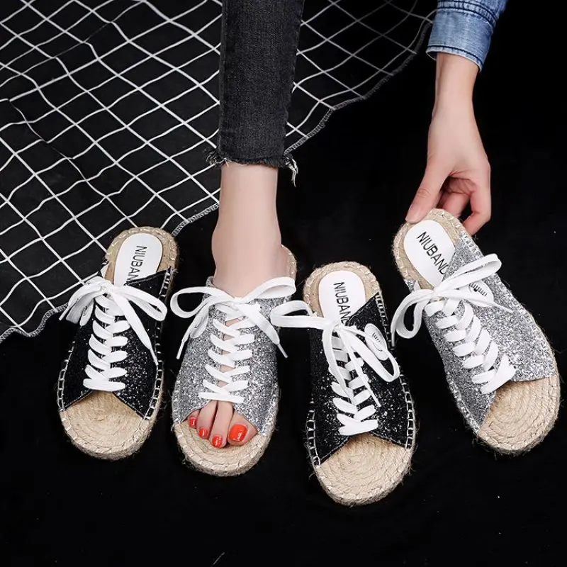 2019 Women's Slippers Bling Hemp rope insole Lady Slipper Summer Flat Sandals Vacation Beach Casual Shoes Flip Flops | Обувь