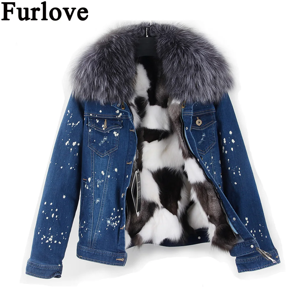 Furlove/Новое поступление парка с большим воротником из меха енота женская зимняя