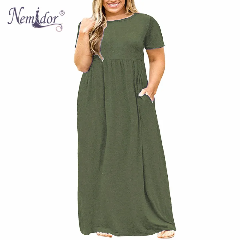 army green Nemidor,, женское летнее Повседневное платье с круглым вырезом и длинным рукавом размера плюс 7XL 8XL 9XL, винтажное Макси платье с карманами - Цвет: army green