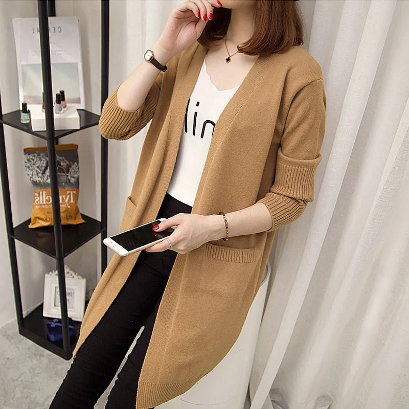 Women Autumn Open Stitch Cardigan 7 Colors Available Knitted High Quality Ladies Outwear Sweater Long Cardigans - Цвет: Dark yellow