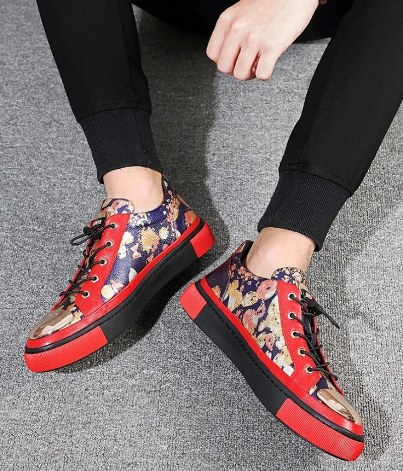 Новая весенняя Мужская обувь; красная повседневная обувь из натуральной кожи; роскошные кроссовки с блестками и принтом; Мужская обувь в стиле хип-хоп на шнуровке с круглым носком