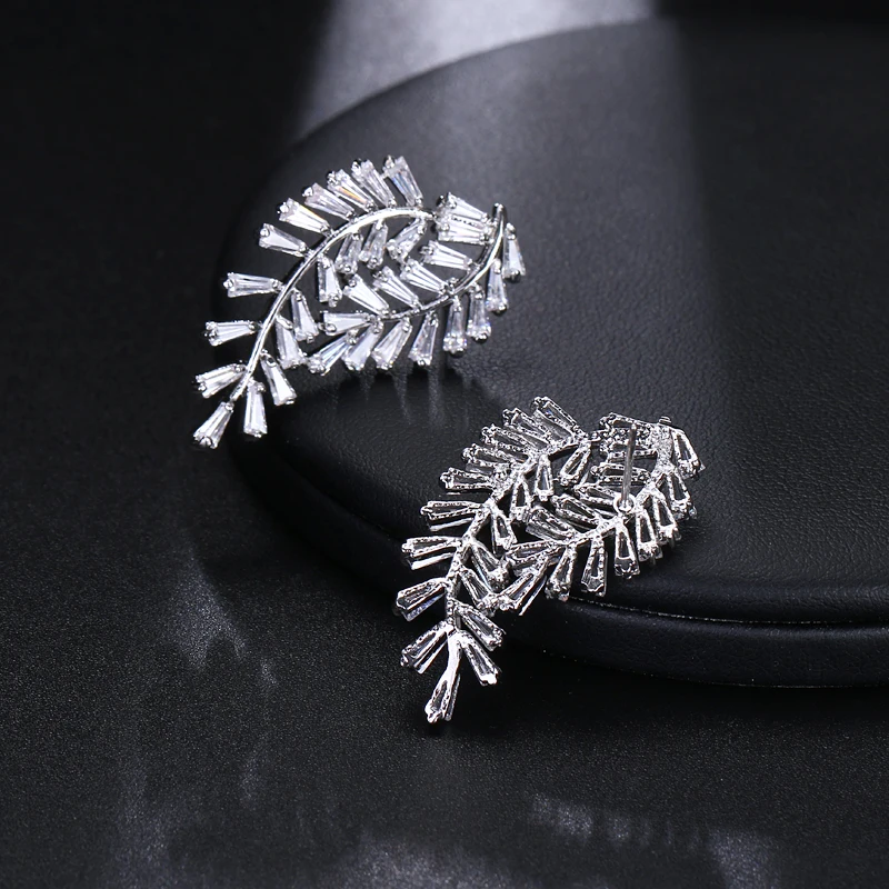 Emmaya Luxury Two Feather Leaf Climber Stud Earrings AAA Cubic Zirconia For Women Girls Wedding Party Gifts Jewelry | Украшения и