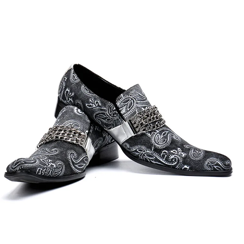 

Vintage gray iron chain decorate wedding men shoes floral print brogue fashion genuine leatherShoes
