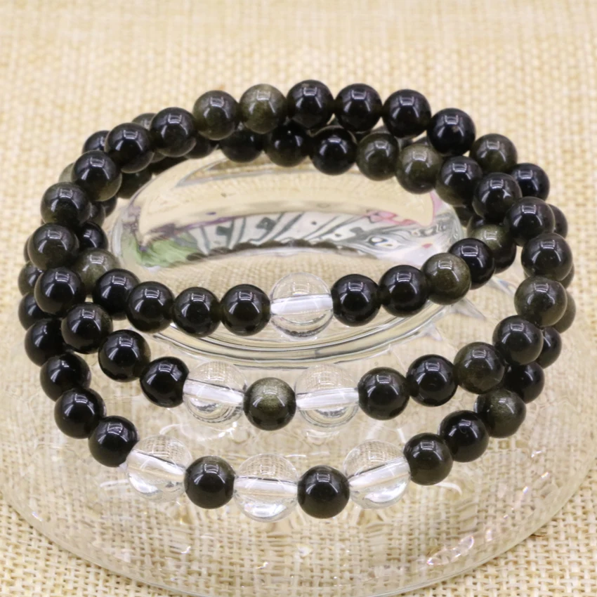 

New fashion long bracelet for women natural stone black obsidian 6mm round beads chain strand bangle jewelry 20inch B3174