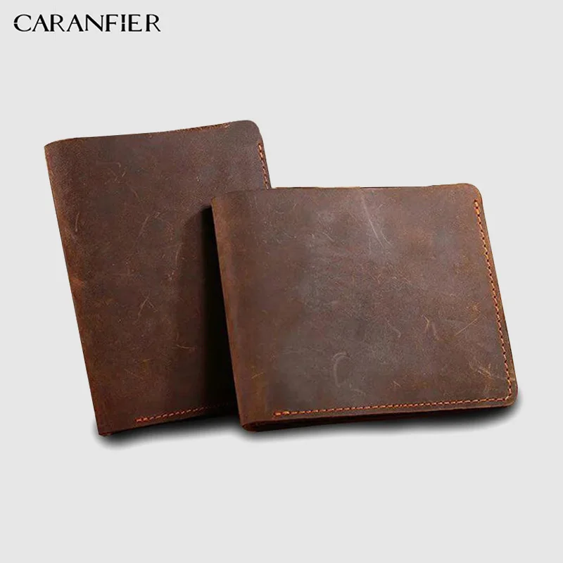 

CARANFIER Short Bi-fold Mens Wallets Top Genuine Cowhide Leather Purse Unisex Credit Card Holder Business Male Multi-layer Bags