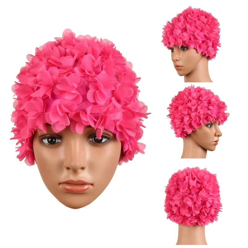 

New Women Swimming Nylon Cap for Long Hair Three-dimensional Flower Petals lLadies Swimming Cap