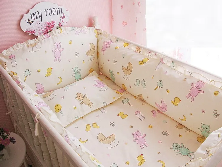 

6PCS Baby Girl Bedding 100%Cotton Printed Crib Bedding Set Cot Set ropa de cuna (4bumper+sheet+pillow cover)