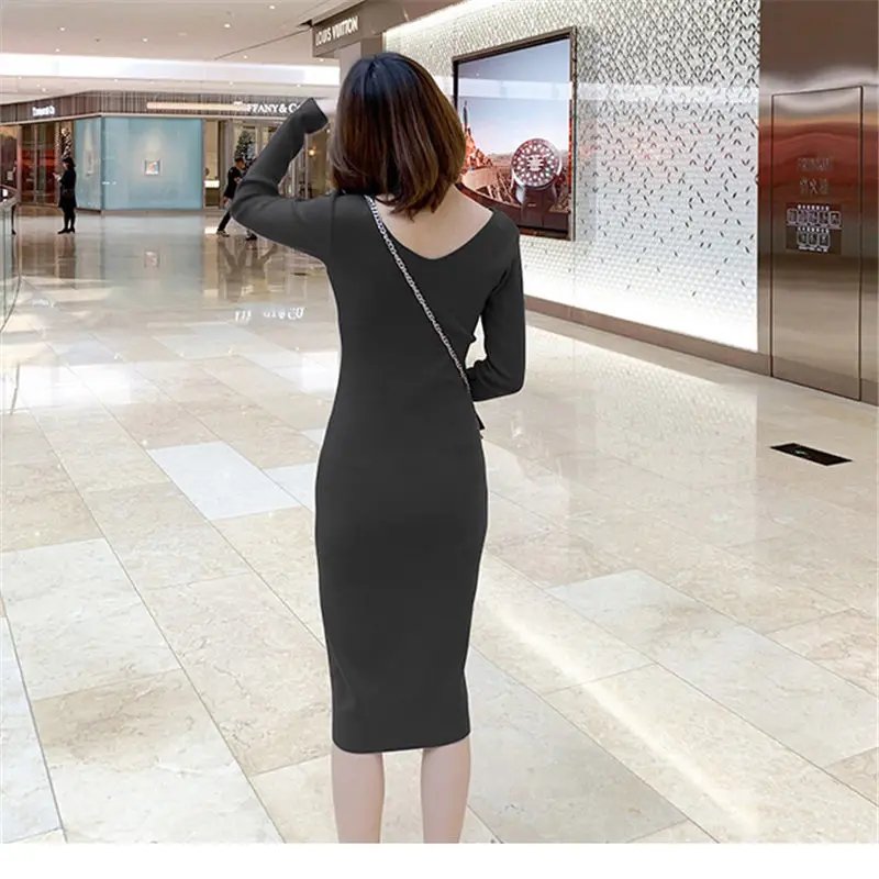 black knit dress Женская трикотажная одежда осень зима длинный свитер платья v-образный вырез тонкий вязаный пуловер облегающее длинное трикотажное облегающее платье f188 - Цвет: black knit dress