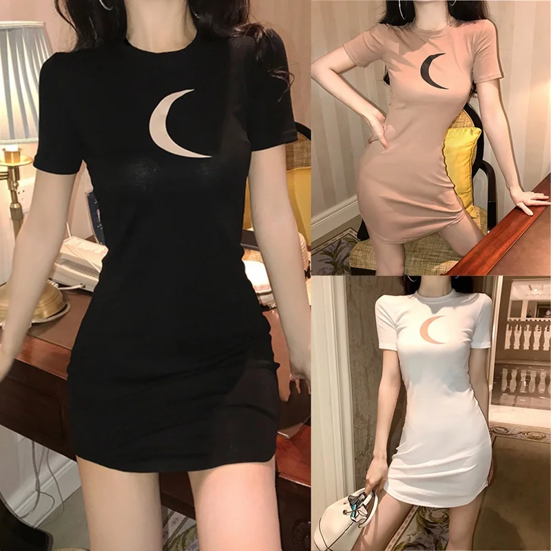 

2020sexy Dress Women's Summer Short Sleeve Slim Moon Print Casual Canonicals Party Sexy Bodycon Mini Vestidos