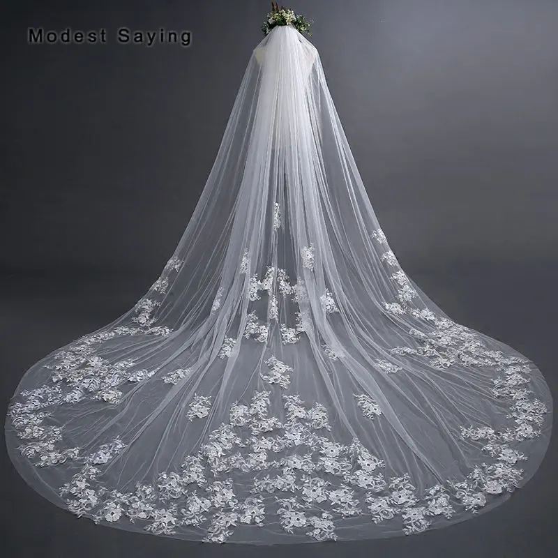 

Elegant Ivory 3M Flowers Lace Long Wedding Veils 2018 with Comb Royal Cathedral Church Bridal Veil velos de novia largos encajes