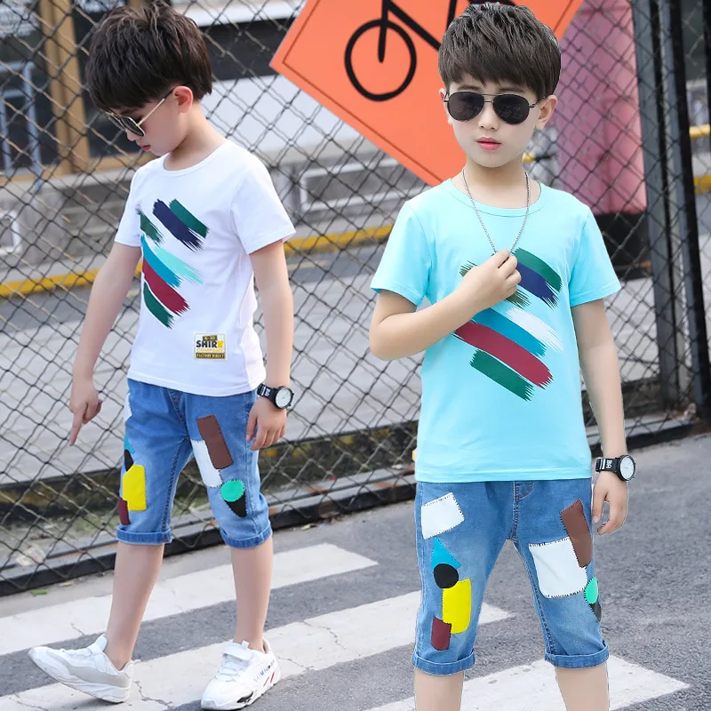 Boys Summer Clothes Set 2019 Color Print T-shirts and Geommetric Jeans Shorts 2pcs for Kids Outfits 4 6 8 12Yrs |