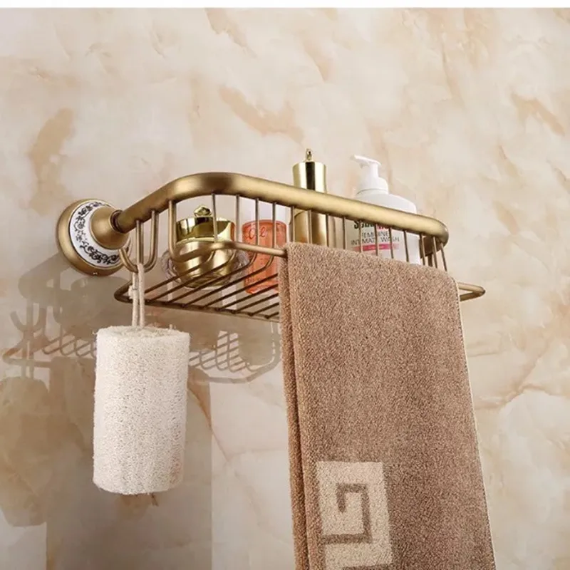 Bathroom antique brass shelf bathroom corner cosmetic holder with hooks basket for 30cm 3001 | Обустройство дома