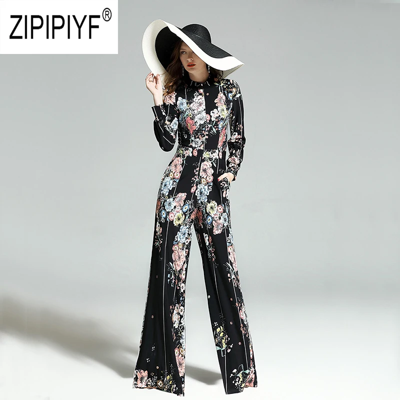 2019 Spring Fashion Women Jumpsuits Floral Printing Long Sleeve Slim Striped Long Jumpsuits Casual Elegant Chic Jumpsuits Z1226