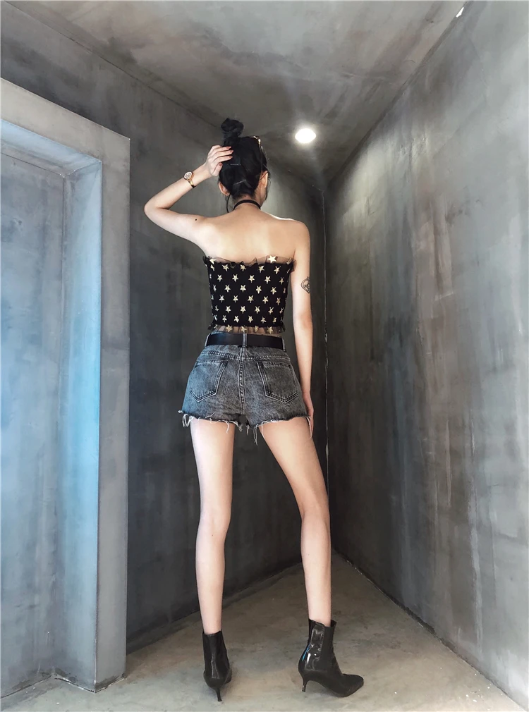 Flectit Harajuku панк готический стиль блеск звезды Smocked Tube Топы Ruched Mesh укороченный