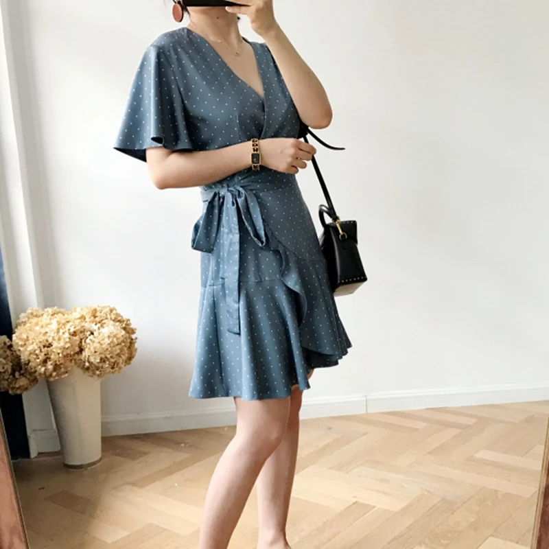 Корейская модная одежда рюшами пляжное платье Элегантный vestidos горошек wrap dress