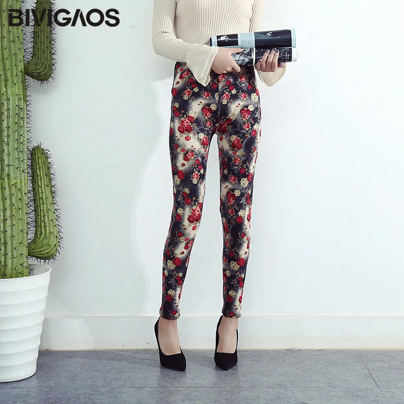 BIVIGAOS женские Досуг леггинсы тонкие шлифовальные красные розовые с цветочным