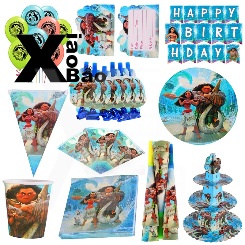 Бумажные тарелки Моана чашка вилка ложка приглашения торты Topper Bag Box воздушный