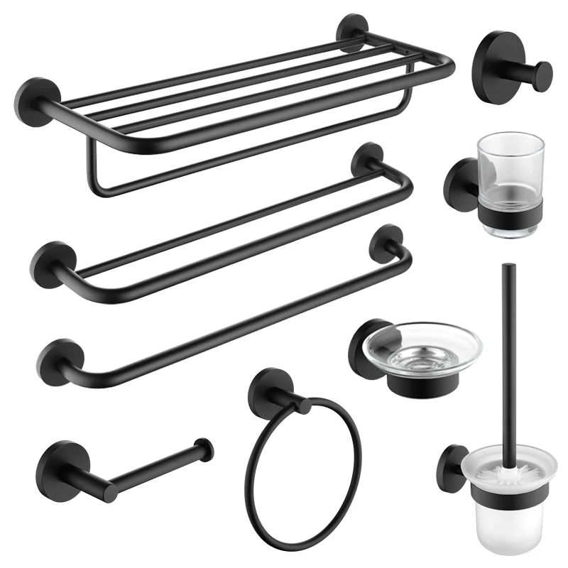 Black Matte Stainless Steel Bathroom Hardware Towel Rail Rack Roll Paper Holder Toilet Brush Holder Bathroom Accessories