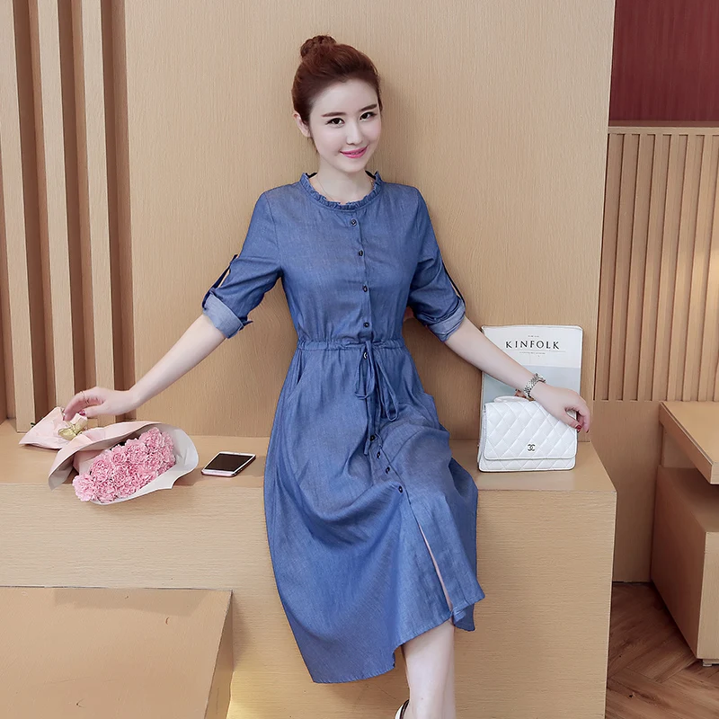 Spring and autumn Waist dress of denim women's wool Slim single-breasted with long sleeves Round collar casual jeans | Женская