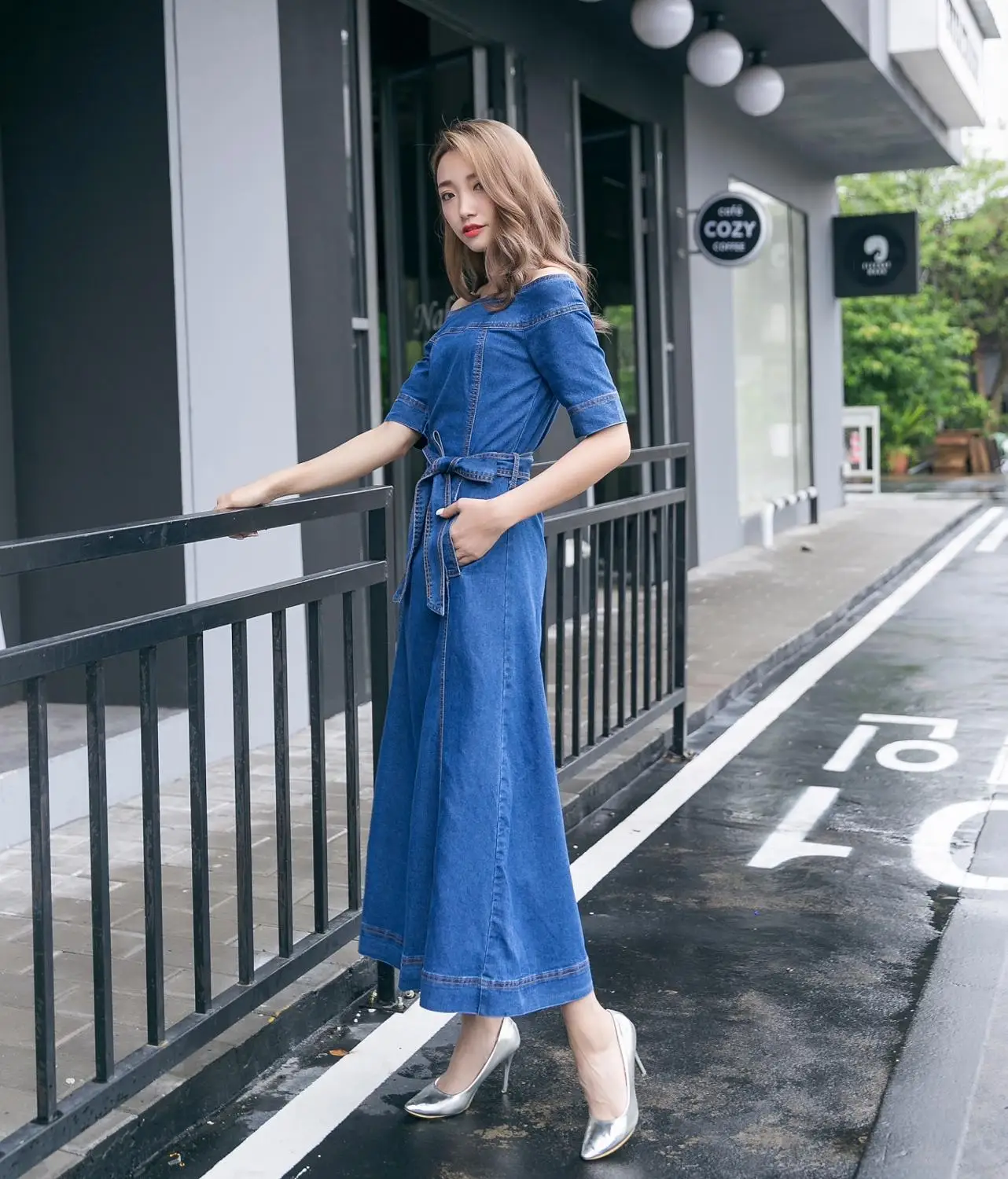 Женское Ковбойское платье с вырезом лодочкой HAMALIEL летнее джинсовое открытыми