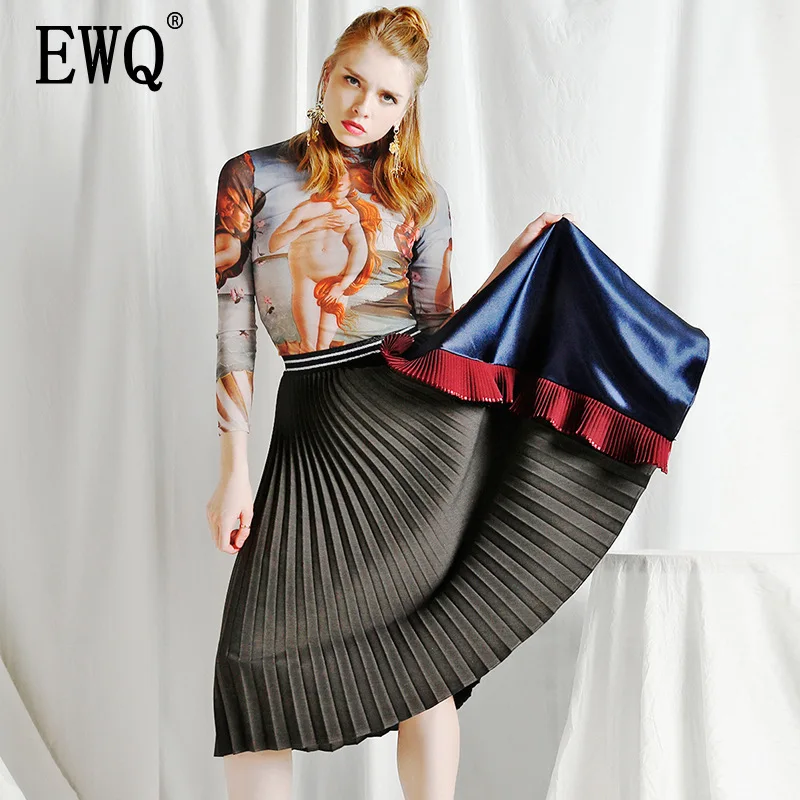 Женская плиссированная юбка [EWQ] черная свободная средней длины в европейском