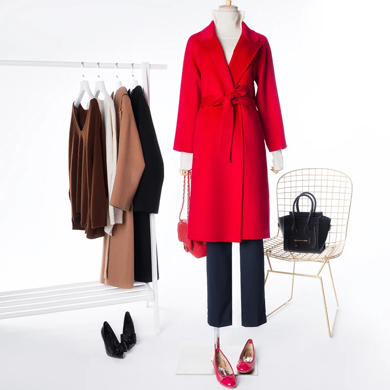 Женское кашемировое пальто с поясом шерстяное отложным воротником Осень зима