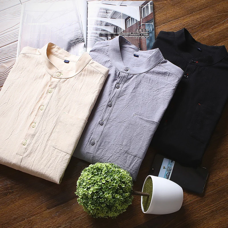 

S -XXXL Mandarin Collar 100% Cotton National Young Men Shirt 2019 Summer New Solid Youth Three Quarter Shirts for students CS50