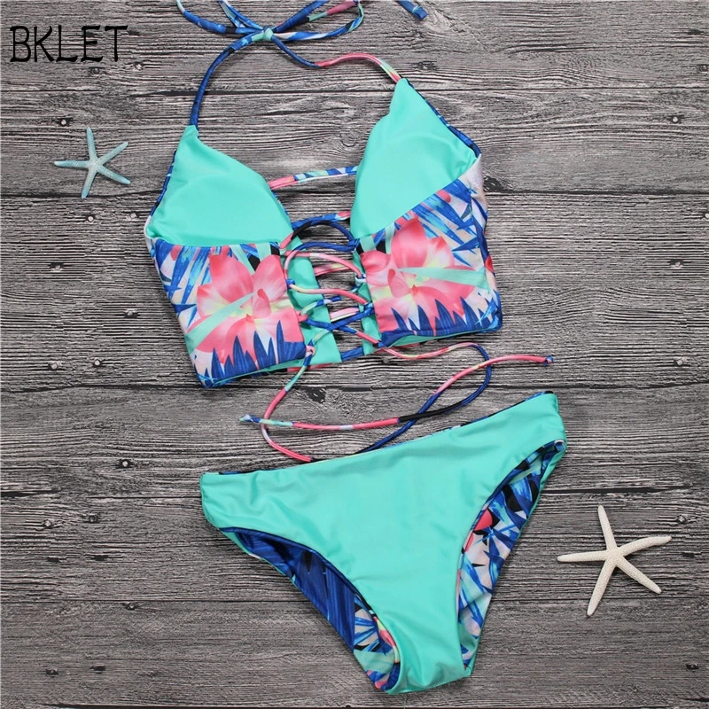 

2018 New Woman Summer Tethered Strap Bikini Sexy Lady Europe Low Waist Bikini Flower Print Beach Swimsuit Maillot De Bain