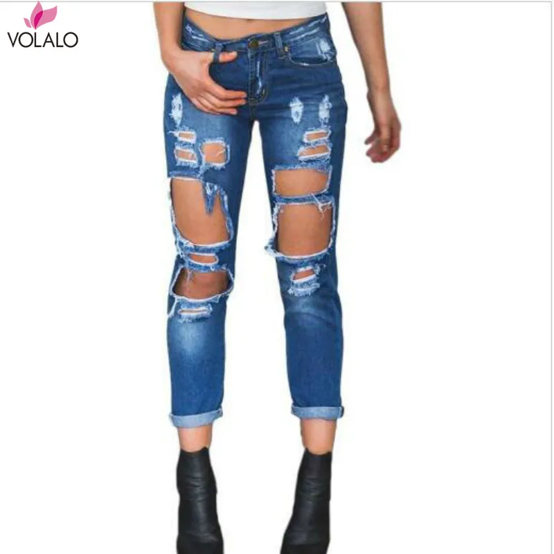 

Summer Knee Broken Hole Blue Jeans Women Streetwear Full Length Skinny Pants Elastic High Waist Plus Size Street Wear Female